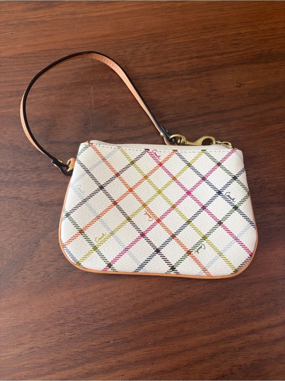 Coach Multicolor Plaid Wristlet - Cream